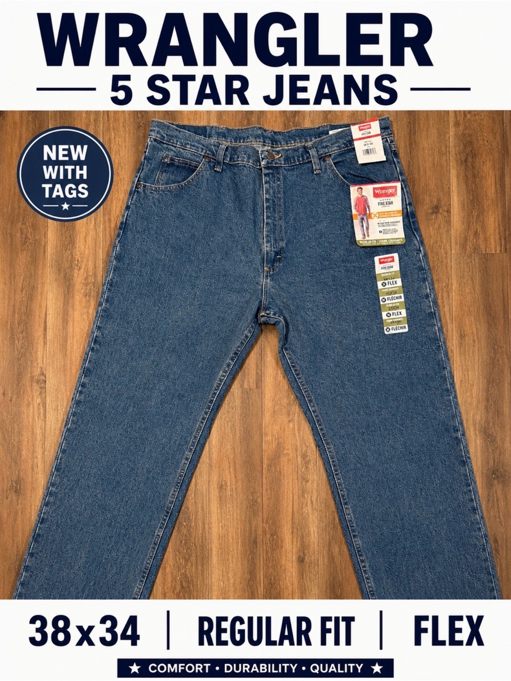Wrangler Five Star Jeans 38x34 NWT Regular Fit Flex Blue Denim Men’s